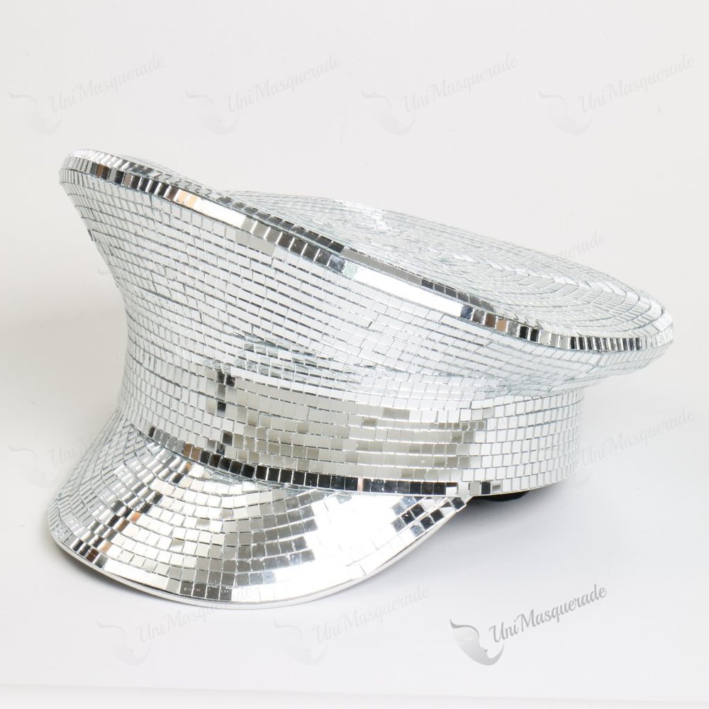Silver Military Captain Cap w/ Shiny Disco Ball Mirrors Disco Rave Party TopHat